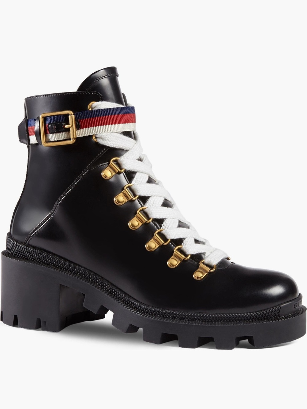 Gucci Black Leather Lug-Sole Ankle Boot with Signature Web Strap-Gently Used